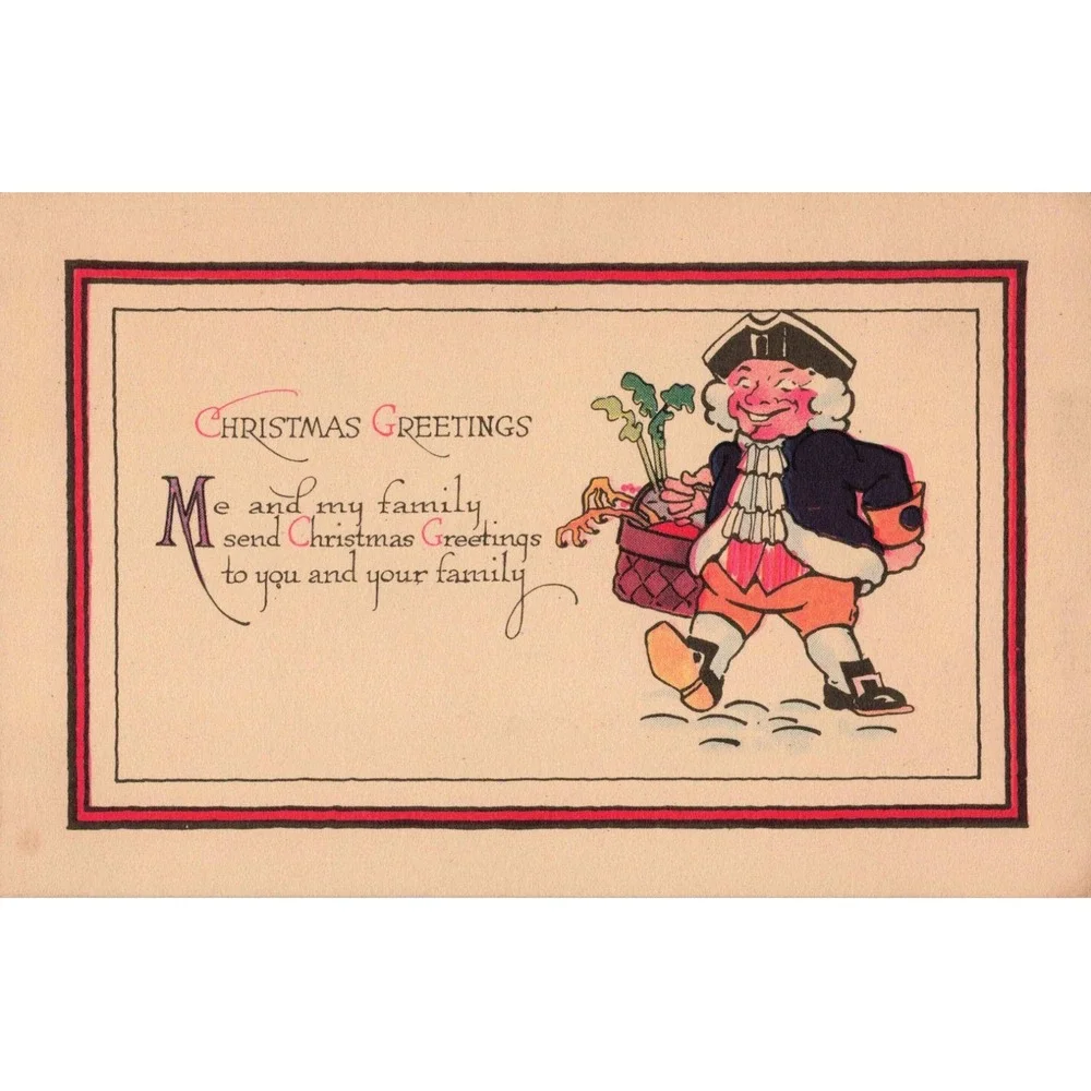 Vintage Christmas Postcard Colonial Man Harvest Basket Greetings Divided Back